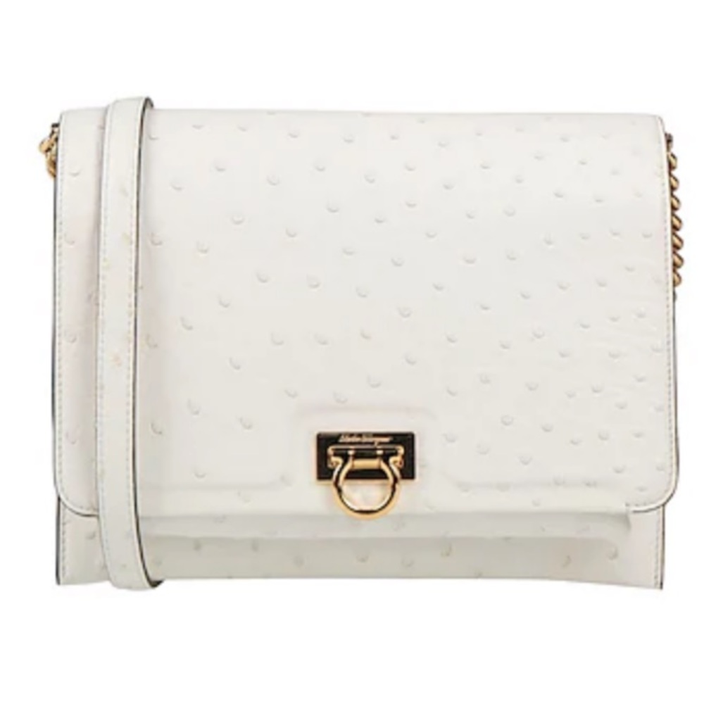 Beautiful Rare White Ostrich leather Salvatore Ferragamo Crossbody Trifolio Bag